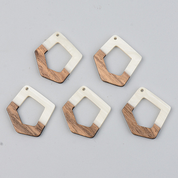 Opaque Resin & Walnut Wood Pendants, Polygon, Floral White, 35x31x3mm, Hole: 2mm