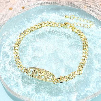 Brass Micro Pave Cubic Zirconia Link Bracelets, Curb Chains Jewely for Women, Real 18K Gold Plated, Oval, 7-1/4 inch(18.5cm), link: 11.5x28x3mm