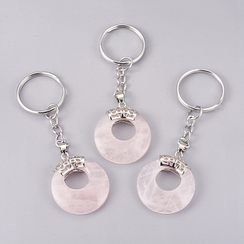 Natural Rose Quartz Keychain, with Platinum Plated Iron Key Rings and Brass Findings, Flat Round, 84mm