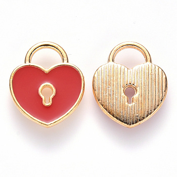 Alloy Enamel Charms, Heart Lock, Light Gold, Red, 13x11x1.5mm, Hole: 3x4mm