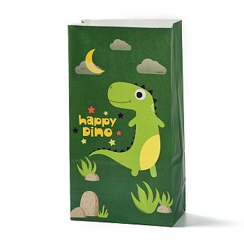 Kraft Paper Bags, No Handle, Wrapped Treat Bag for Birthdays, Baby Showers, Rectangle with Dinosaur Pattern, Green, 24x13x8.1cm