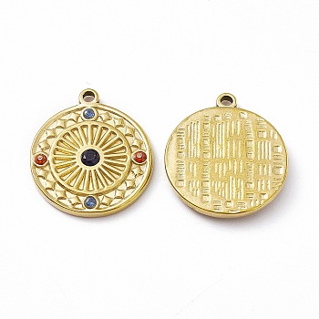 Vacuum Plating 201 Stainless Steel Pendants, with Rhinestone, Real 18K Gold Plated, Flat Round Charms, Colorful, 21.5x19x2.5mm, Hole: 1.6mm