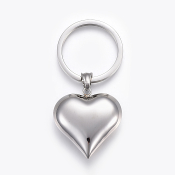 304 Stainless Steel Keychain, Heart, Stainless Steel Color, 75mm, Pendant: 36.5x35x10mm
