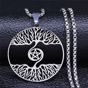 304 Stainless Steel Pendant Necklaces, Flat Round with Tree of Life Pattern, Stainless Steel Color, 20.16 inch(51.2cm)