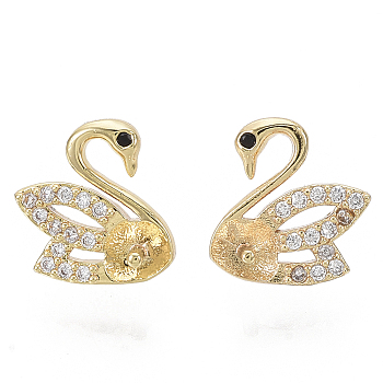 Brass Micro Pave Clear Cubic Zirconia Stud Earring Findings, for Half Drilled Beads, Nickel Free, Swan, Real 18K Gold Plated, 10x10mm, Pin: 0.7mm, Pin: 0.8mm(for half drilled beads)
