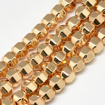 Electroplate Non-magnetic Synthetic Hematite Beads Strands, Polygon, Light Gold Plated, 6x5x5mm, Hole: 2mm, about 78pcs/strand, 15.7 inch