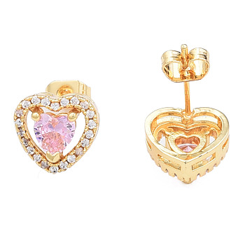 Cubic Zirconia Heart Stud Earrings, Golden Brass Jewelry for Women, Nickel Free, Pearl Pink, 10x10.5mm, Pin: 0.7mm