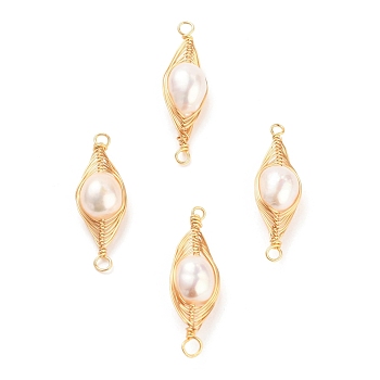 Brass Links Connectors, with Natural Baroque Pearl Keshi Pearl Beads, with Golden Plated Loops, Round, Golden, 32~33x9~10x8~8.5mm, Hole: 1.6~2mm