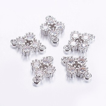 Long-Lasting Plated Brass Micro Pave Cubic Zirconia Links, Clear, Flower, Real Platinum Plated, Real Platinum Plated, 13.5x9.5x3mm, Hole: 1.5mm