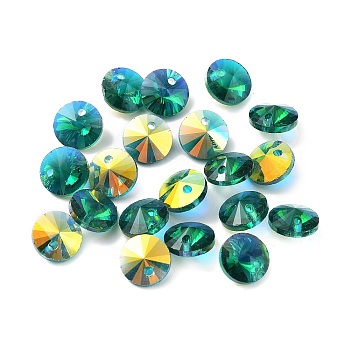 Electroplate Transparent Glass Beads, Half Rainbown Plated, Faceted Bicone, Dark Green, 8x4mm, Hole: 0.8mm
