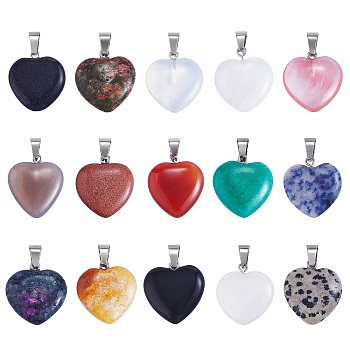 15Pcs 15 Styles Natural & Synthetic Gemstone Pendants, with Platinum Tone Brass Findings, Heart Charm, Mixed Dyed and Undyed, 20~22x20~21x5~8mm, Hole: 2x7mm, 1pc/style