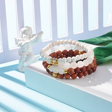 4 pièces 4 style cristal de quartz naturel et roche de lave et bois bracelets extensibles perlés ronds sertis de coeur(BJEW-JB07623)-7