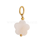 Natural Shell Pendants, Flower Charms with 304 Stainless Steel Findings, Ion Plating(IP), Real 18K Gold Plated, Seashell Color, 17x12mm(SHEL-OY009-82G)