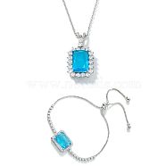 Retro Style Adjustable Brass Cubic Zirconia Jewelry Set, Rectangle Slider Bracelets & Pendant Necklaces for Women, Blue, (XF9116)