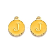 Golden Plated Alloy Enamel Charms, Enamelled Sequins, Flat Round with Alphabet, Letter.J, Yellow, 14x12x2mm, Hole: 1.5mm(ENAM-Q437-13J)
