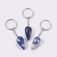 Natural Sodalite Keychain, with Iron Key Rings, Platinum, teardrop, 80.5mm, Pendant: 33.5x15.5mm(KEYC-P041-B012)