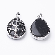Natural Black Agate Pendants, with Brass Findings, teardrop, Dyed, Platinum, 39x26x7~9mm, Hole: 5x7mm(G-E421-06P)