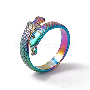 Ion Plating(IP) 304 Stainless Steel Ring Arowana Fish Wrap Open Cuff Ring for Women, Rainbow Color, US Size 7 1/4(17.5mm)(RJEW-C045-21M)