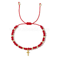 Bohemian Style Glass Braided Bead Bracelets for Women, Cross, Red(WV4296-1)