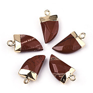 Natural Red Jasper Pendants, Top Light Gold Plated, with Iron Loop, Scabbard, Faceted, 20x10.5x5mm, Hole: 1.8mm(G-N326-57F)