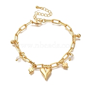 Heart & Clover Brass Charm Bracelets, with Glass Beads, Real 18K Gold Plated, 6-3/4 inch(17.3cm)(BJEW-L696-009G)