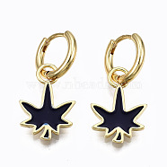 Brass Enamel Huggie Hoop Earrings, Nickel Free, Real 16K Gold Plated, Maple Leaf, Dark Blue, 27x13mm, Pin: 1mm(EJEW-T014-28G-01-NF)