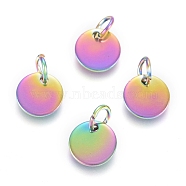 Ion Plating(IP) 304 Stainless Steel Charms, with Jump Rings, Blank Stamping Tag, Flat Round, Rainbow Color, 8x0.7mm, Hole: 3.5mm(X-EJEW-L238-03B-M)