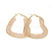 304 Stainless Steel Hoop Earrings, Beaded Hoop Earrings, with Glass Beads, Heart, Golden, Wheat, 57.5x50x4mm(EJEW-O090-A02)