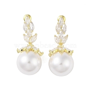 Brass with Resin Imitation Pearl Stud Earrings, with Micro Pave Cubic Zirconia, Flower, Golden, 38.5x17mm(EJEW-B046-03G)