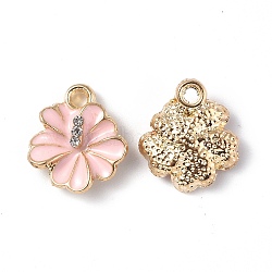 Alloy Enamel Charms, with Rhinestone, Light Gold, Flower Charm, Pink, 14x12x4mm, Hole: 1.6mm(FIND-E031-03A)