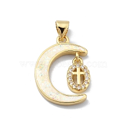 Brass Micro Pave Clear Cubic Zirconia Pendants, with Sythetic Opal, Real 18K Gold Plated, Moon, Cross, 21.5x15x3mm, Hole: 4x3.5mm(KK-A221-18D-G)