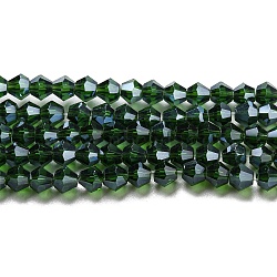 Transparent Electroplate Glass Beads Strands, Pearl Luster Plated, Faceted, Bicone, Dark Green, 6x6mm, Hole: 1mm, about 45~47pcs/strand, 9.65~9.84 inch(24.5~25cm)(EGLA-A039-T6mm-A25)