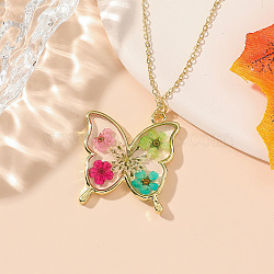 Valentine's Day Alloy Epoxy Resin Butterfly Inner Dried Flower Pendant Necklaces for Women, Golden, PapayaWhip, 18.50 inch(47cm)(FS-WGBF0A7-01)
