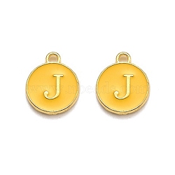 Golden Plated Alloy Enamel Charms, Enamelled Sequins, Flat Round with Alphabet, Letter.J, Yellow, 14x12x2mm, Hole: 1.5mm(ENAM-Q437-13J)