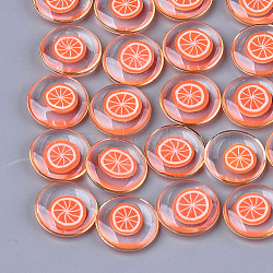 Epoxy Resin Cabochons, with Polymer Clay Inside and Brass Findings, Flat Round with Orange Pattern, Light Gold, Light Salmon, 18x5mm(X-RESI-S360-07A)