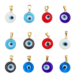 12Pcs 6 Colors Handmade Lampwork Evil Eye Pendants, with Real 18K Gold Plated Brass Findings, Cadmium Free & Lead Free, Mixed Color, 15x12x5mm, Hole: 4.5x3.5mm, 2pcs/color(LAMP-CA0001-12)