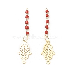 Rack Plating Brass Pendants, with Glass Seed Beads, Real 18K Gold Plated, Hamsa Hand, FireBrick, 33.5mm, Hole: 1mm(KK-M266-23G)