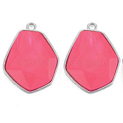 Faceted Glass Pendants, with Alloy Settings, Cadmium Free & Lead Free, Hexagon, Platinum Plated, Cerise, 38x29x6.5mm, Hole: 3mm(PALLOY-N167-01-04P-RS)