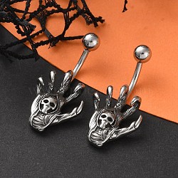 Skull Devil Hand 316 Surgical Stainless Steel Belly Button Rings, Piercing Navel Rings, Curved Barbell Body Jewelry for Women, Antique Silver, 31x15mm(EJEW-G416-12AS)