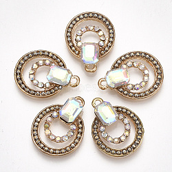 Alloy Pendants, with Glass and Rhinestone, Flat Round and Octagon, Light Gold, Clear AB, 23x17.5x5mm, Hole: 1.8mm(PALLOY-S177-27D)