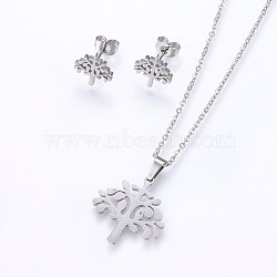 304 Stainless Steel Jewelry Sets, Stud Earrings and Pendant Necklaces, Tree, Stainless Steel Color, Necklace: 17.7 inch(45cm), Stud Earrings: 11x10.5x1.2mm, Pin: 0.8mm(SJEW-O090-19P)