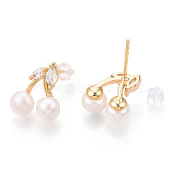 Natural Pearl Stud Earrings with Cubic Zirconia, Brass Cherry
 Earrings with 925 Sterling Silver Pins, Cadmium Free & Nickel Free & Lead Free, Real 18K Gold Plated, 13x12mm, Pin: 0.8mm(PEAR-N020-05G)