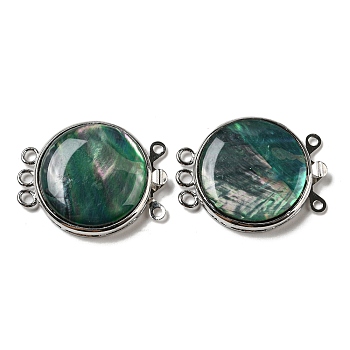 Shell Box Clasp, with Alloy Loops, Flat Round, Dark Green, 29.5x23.5x6~6.5mm, Hole: 2mm