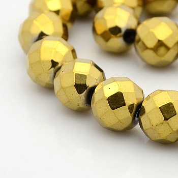 Faceted Round Non-magnetic Synthetic Hematite Beads Strands, Golden Plated, 12mm, Hole: 1mm, about 36pcs/strand, 15.7 inch