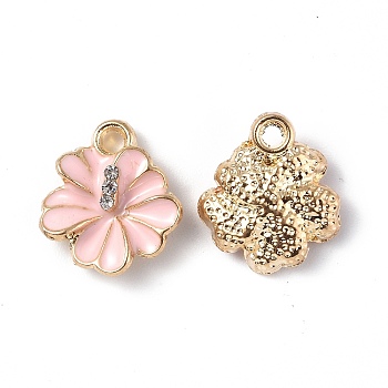 Alloy Enamel Charms, with Rhinestone, Light Gold, Flower Charm, Pink, 14x12x4mm, Hole: 1.6mm