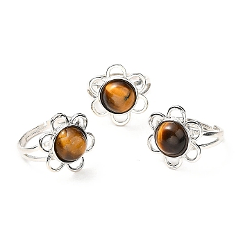 Natural Tiger Eye Adjustable Rings, Platinum Tone Flower Brass Rings for Women, Cadmium Free & Lead Free, US Size 7 3/4(17.9mm), 3~7mm