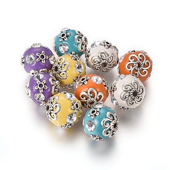 Handmade Indonesia Beads, with Crystal Rhinestone and Metal Findings, Round, Antique Silver, Mixed Color, 15.5~17x16~17mm, Hole: 2mm