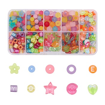 360Pcs Transparent Acrylic Beads, Flower & Ball & Column & Flat Round & Cube & Star & Heart and Mixed Marine Organism Shapes, Mixed Color, Beads: 360pcs/box