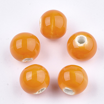 Handmade Porcelain Beads, Bright Glazed Porcelain, Round, Dark Orange, 8~8.5x7.5~8mm, Hole: 1.5~2mm