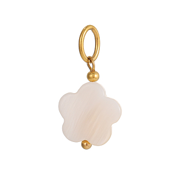 Natural Shell Pendants, Flower Charms with 304 Stainless Steel Findings, Ion Plating(IP), Real 18K Gold Plated, Seashell Color, 17x12mm